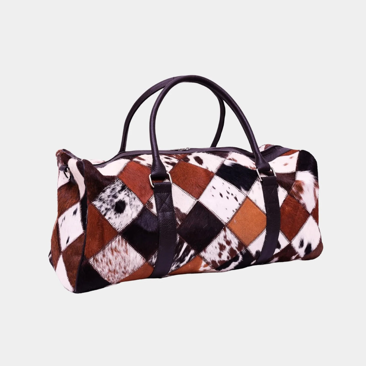 Genuine cowhide large duffel bag – front view showing natural hide pattern