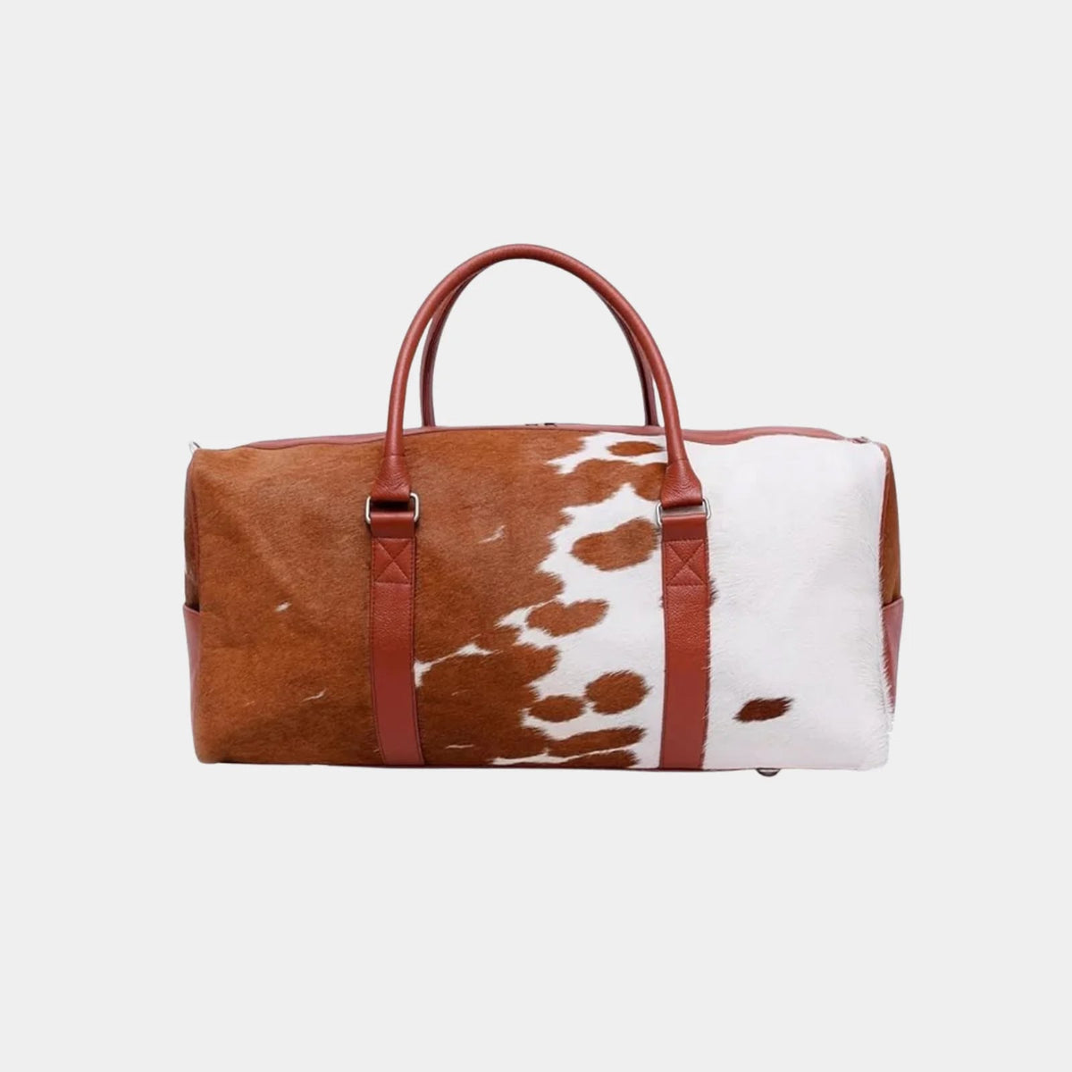 Handmade cowhide duffel bag – front view with natural leather trim