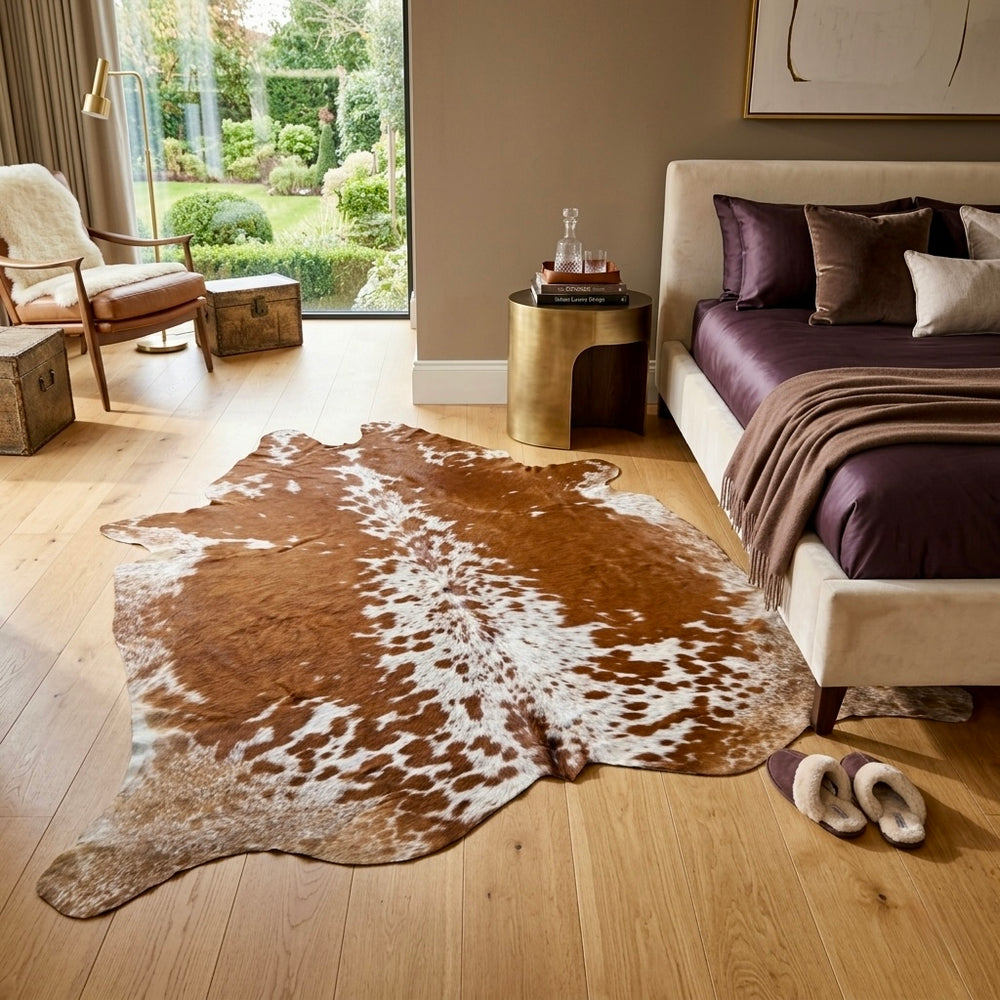 Real brown and white cowhide rug with natural one-of-a-kind markings