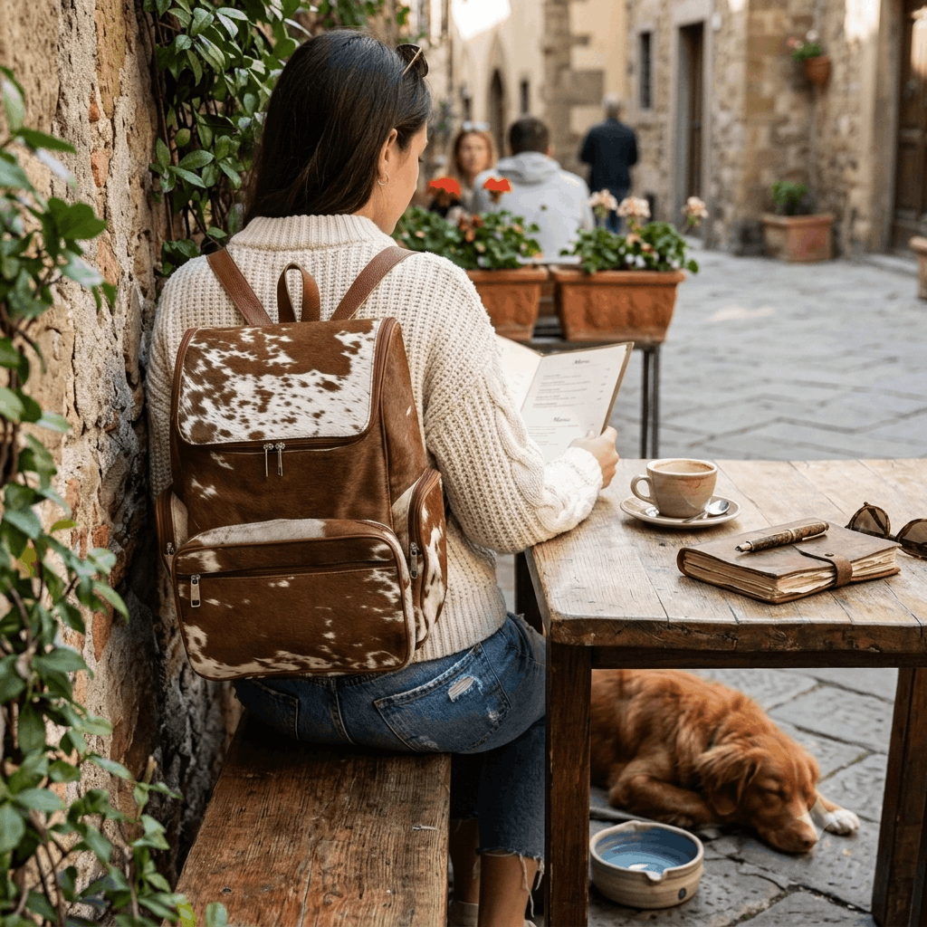 A woman sits at a rustic wooden table in a stone street setting, wearing a brown and white cow-print backpack. A cup of coffee sits on the table next to books, with a dog resting underneath the table.
