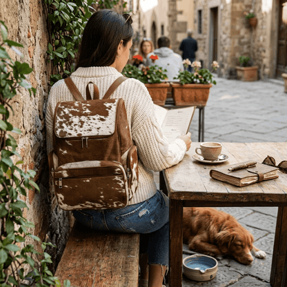 A woman sits at a rustic wooden table in a stone street setting, wearing a brown and white cow-print backpack. A cup of coffee sits on the table next to books, with a dog resting underneath the table.