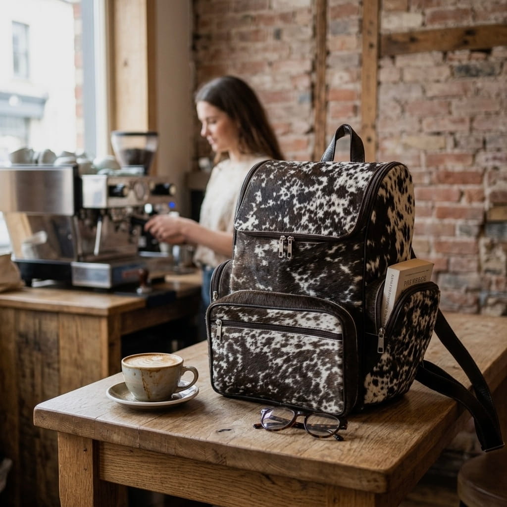 A black and white cow-print backpack sits on a rustic wooden table in a cozy, softly blurred coffee shop. A cup of coffee and a pair of glasses rest on the table next to it, with a barista visible in the background working at an espresso machine.