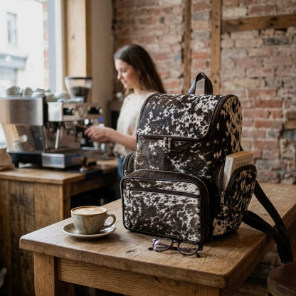 A black and white cow-print backpack sits on a rustic wooden table in a cozy, softly blurred coffee shop. A cup of coffee and a pair of glasses rest on the table next to it, with a barista visible in the background working at an espresso machine.