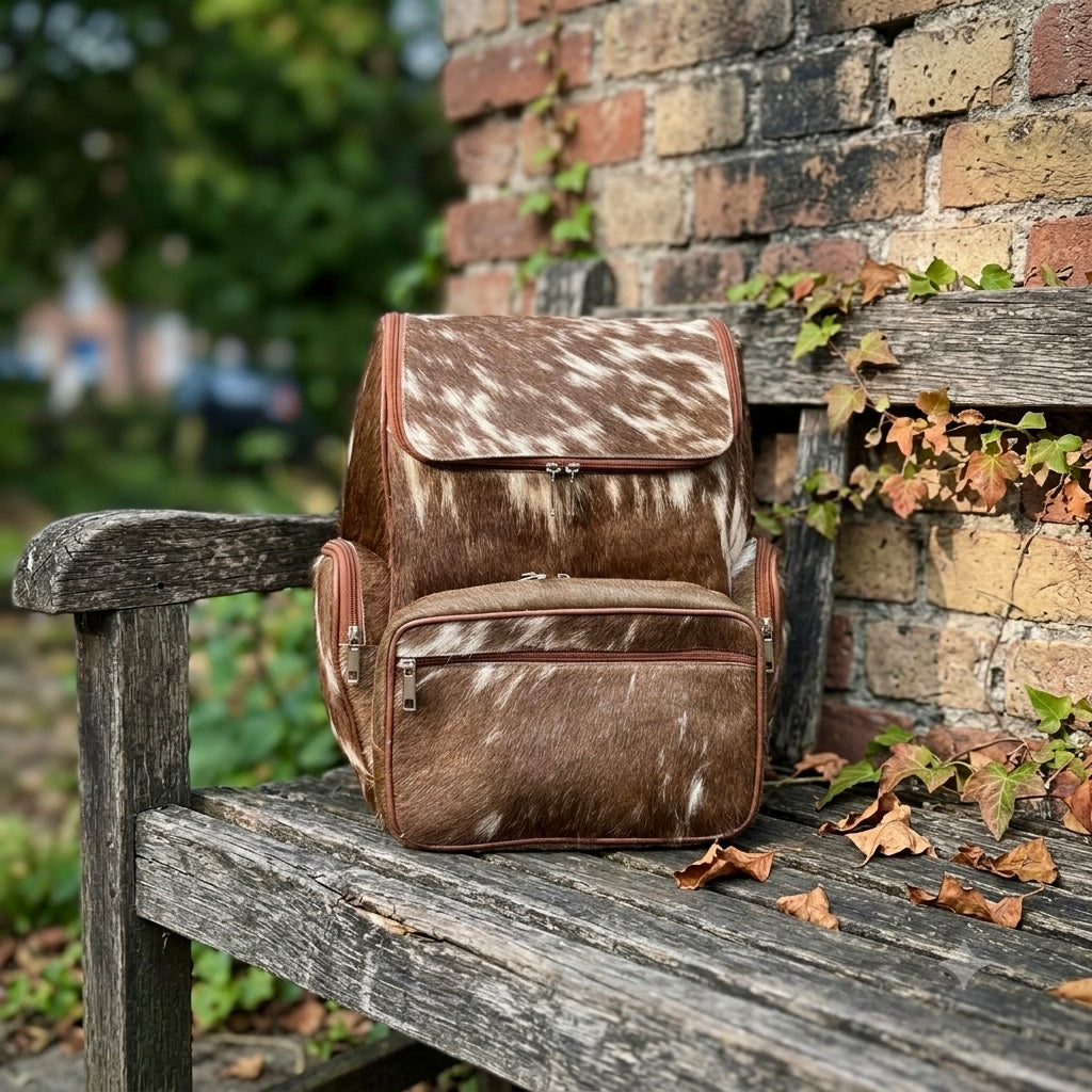 A brown and white cowhide-patterned backpack sits on a weathered wooden bench in front of a brick wall with ivy.