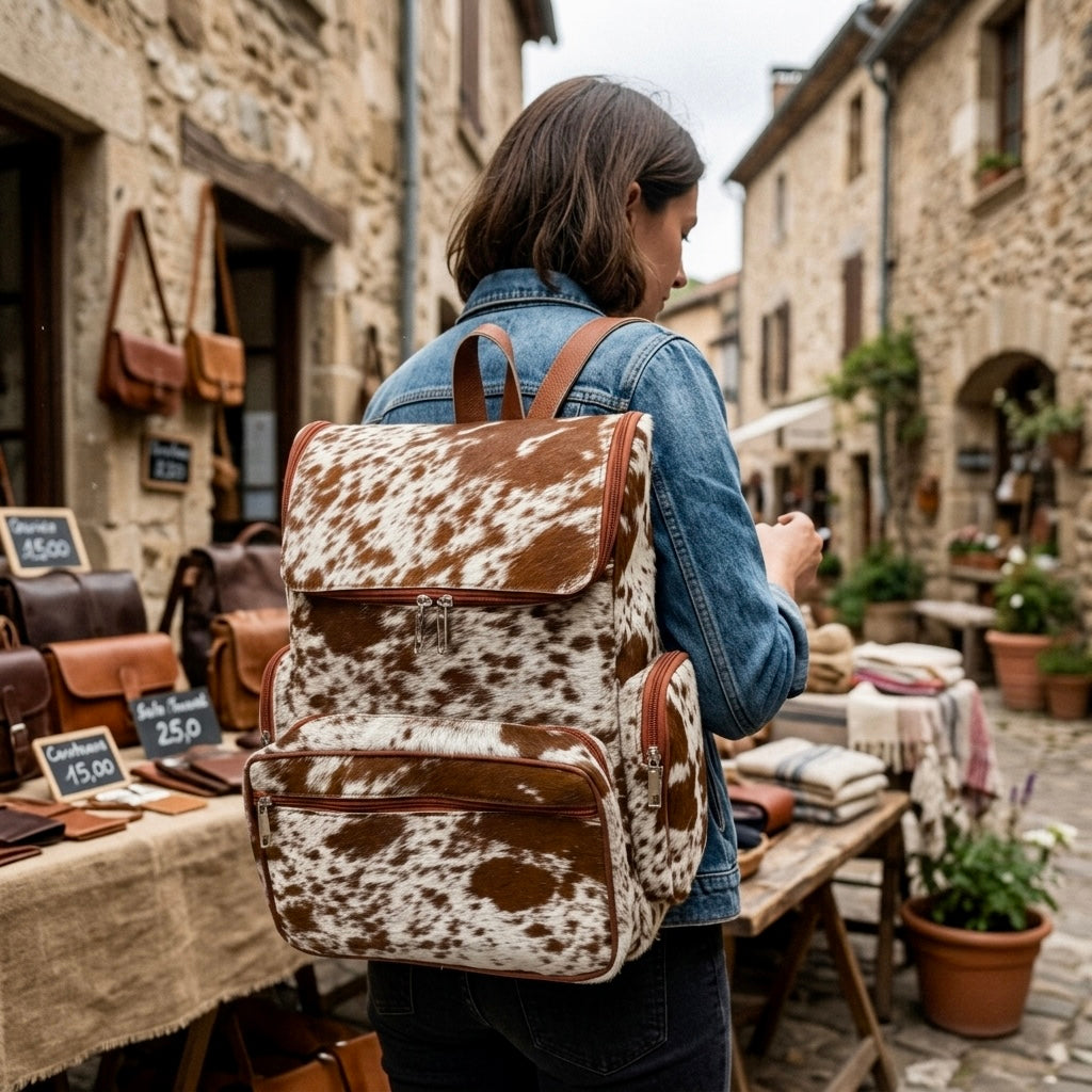 A woman viewed from behind wearing a brown and white cow-print backpack with brown leather trim, standing in a rustic outdoor market street with stone buildings and tables of leather goods.