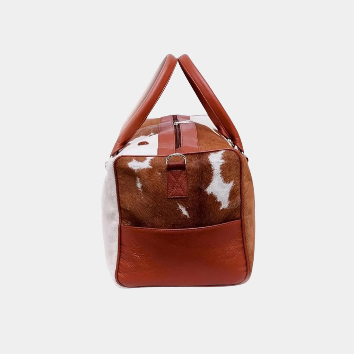 Interior of handmade cowhide duffel bag showing storage space
