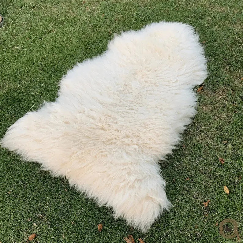 Natural handwoven sheepskin rug with soft real fur texture