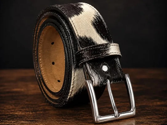 A rolled black and white cowhide belt with a polished silver-tone buckle, displayed on a dark wooden surface against a dark background.