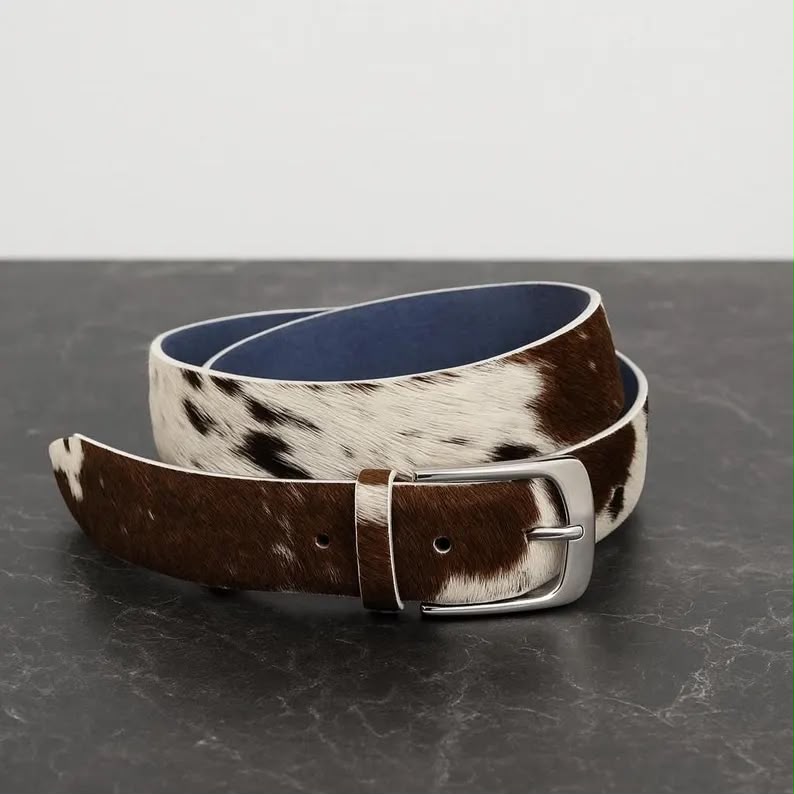 A cowhide belt with a brown and white pattern, a blue interior lining, and a silver buckle, coiled on a dark gray marble surface.