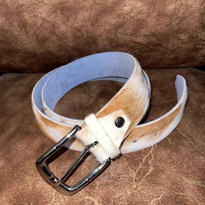 Cowhide Leather Belt Tan Gold White – Western Handmade with Silver Buckle & Blue Lining
