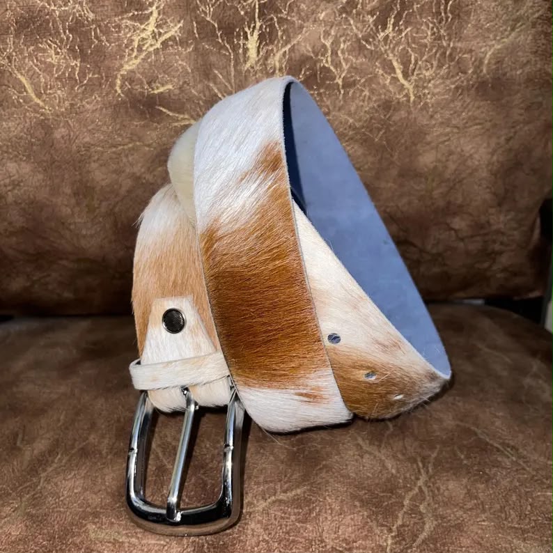 Cowhide Leather Belt Tan Gold White – Western Handmade with Silver Buckle & Blue Lining
