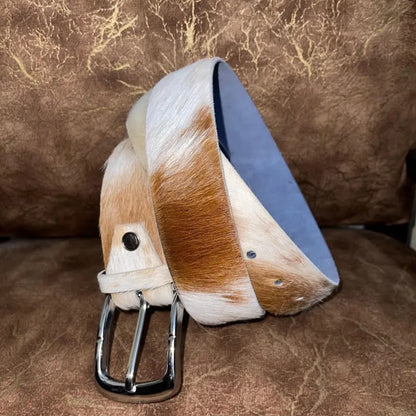 Cowhide Leather Belt Tan Gold White – Western Handmade with Silver Buckle & Blue Lining