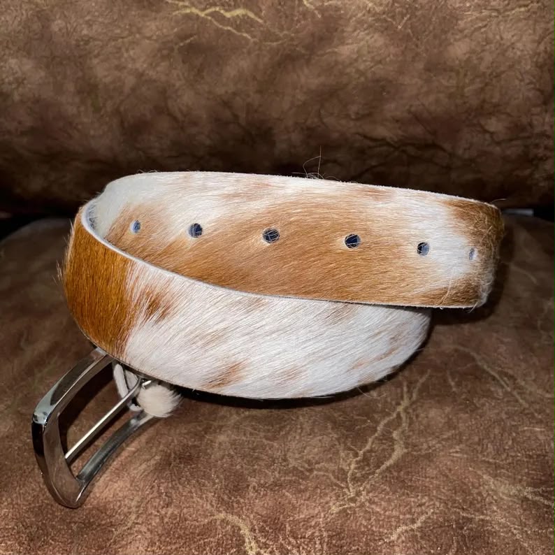 Cowhide Leather Belt Tan Gold White – Western Handmade with Silver Buckle & Blue Lining