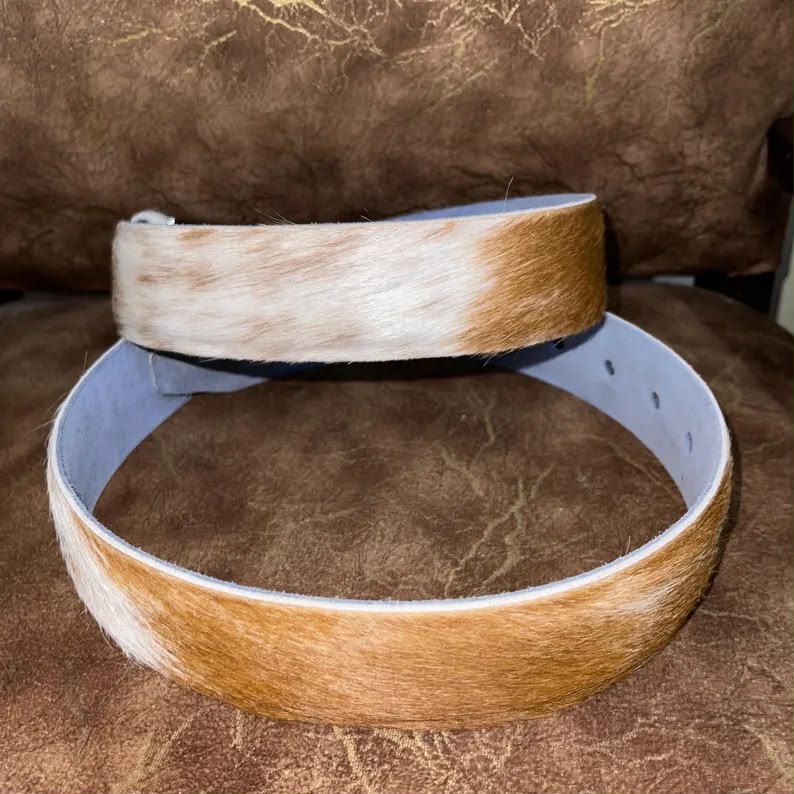 Cowhide Leather Belt Tan Gold White – Western Handmade with Silver Buckle & Blue Lining