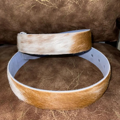 Cowhide Leather Belt Tan Gold White – Western Handmade with Silver Buckle & Blue Lining