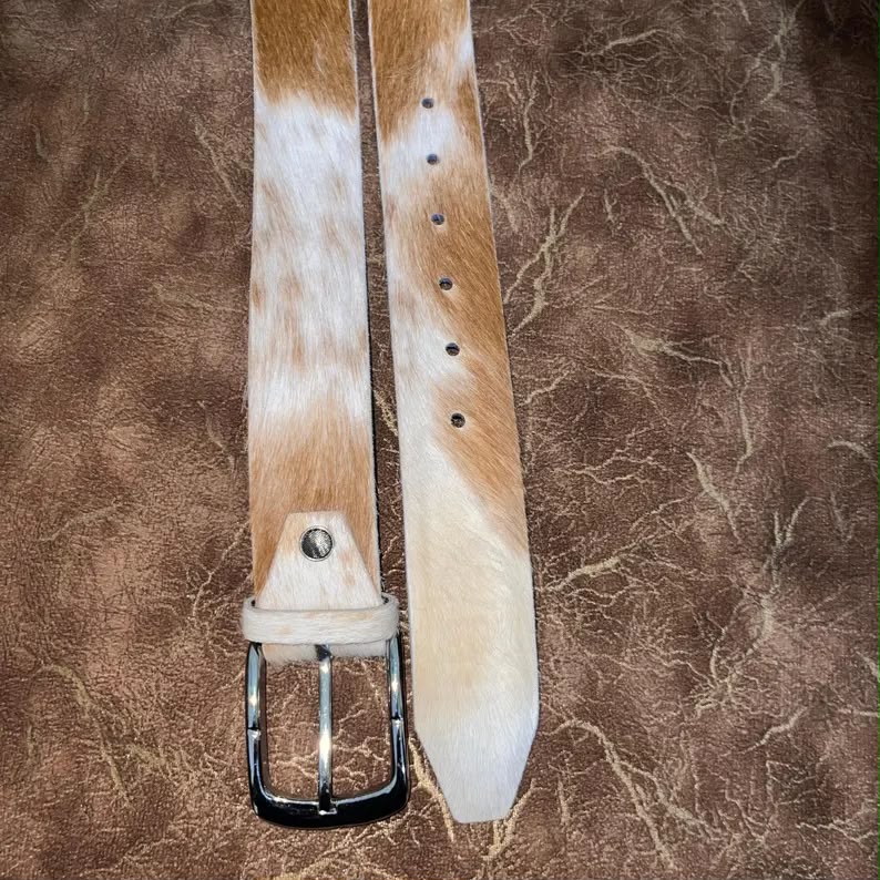 Cowhide Leather Belt Tan Gold White – Western Handmade with Silver Buckle & Blue Lining