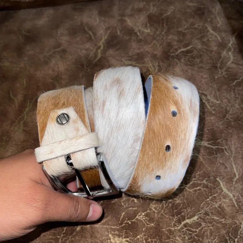 Cowhide Leather Belt Tan Gold White – Western Handmade with Silver Buckle & Blue Lining