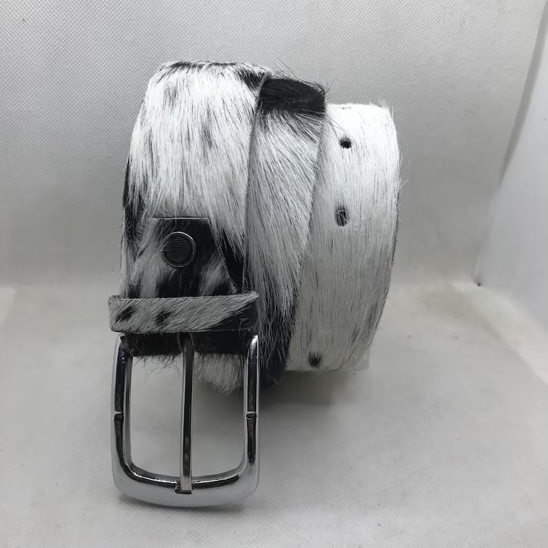 Cowhide Leather Belt White Black Speckled – Western Handmade with Silver Buckle