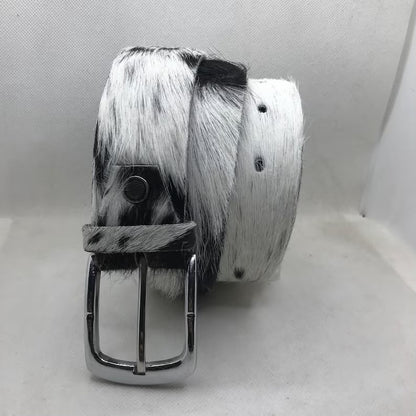 Cowhide Leather Belt White Black Speckled – Western Handmade with Silver Buckle