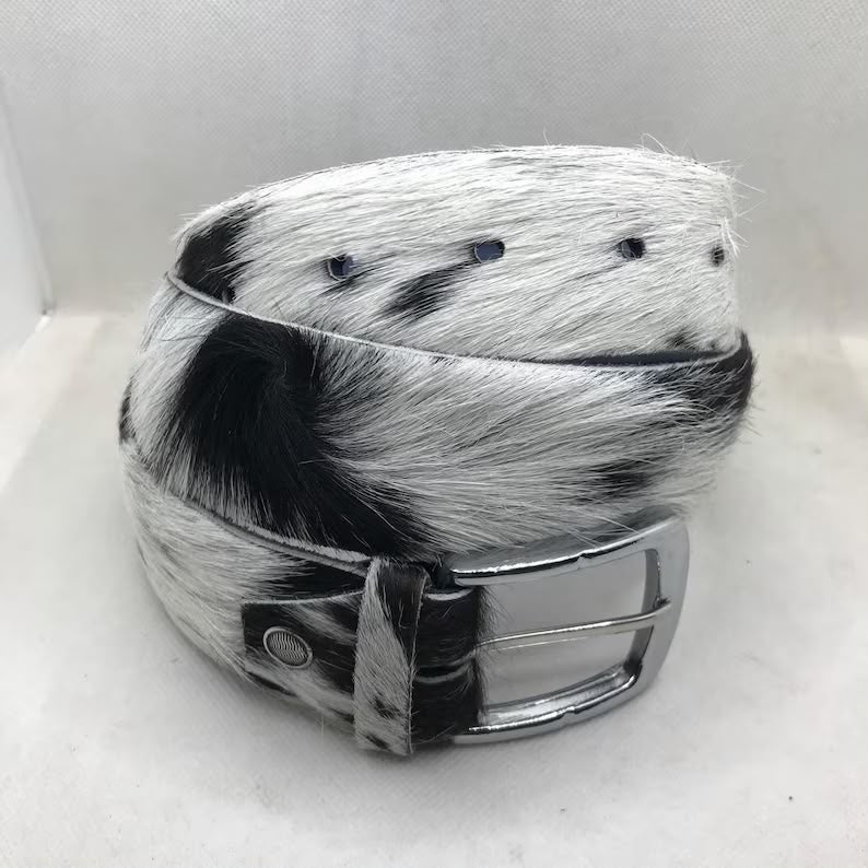 Cowhide Leather Belt White Black Speckled – Western Handmade with Silver Buckle