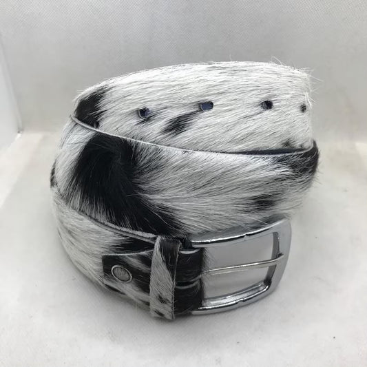 Cowhide Leather Belt White Black Speckled – Western Handmade with Silver Buckle