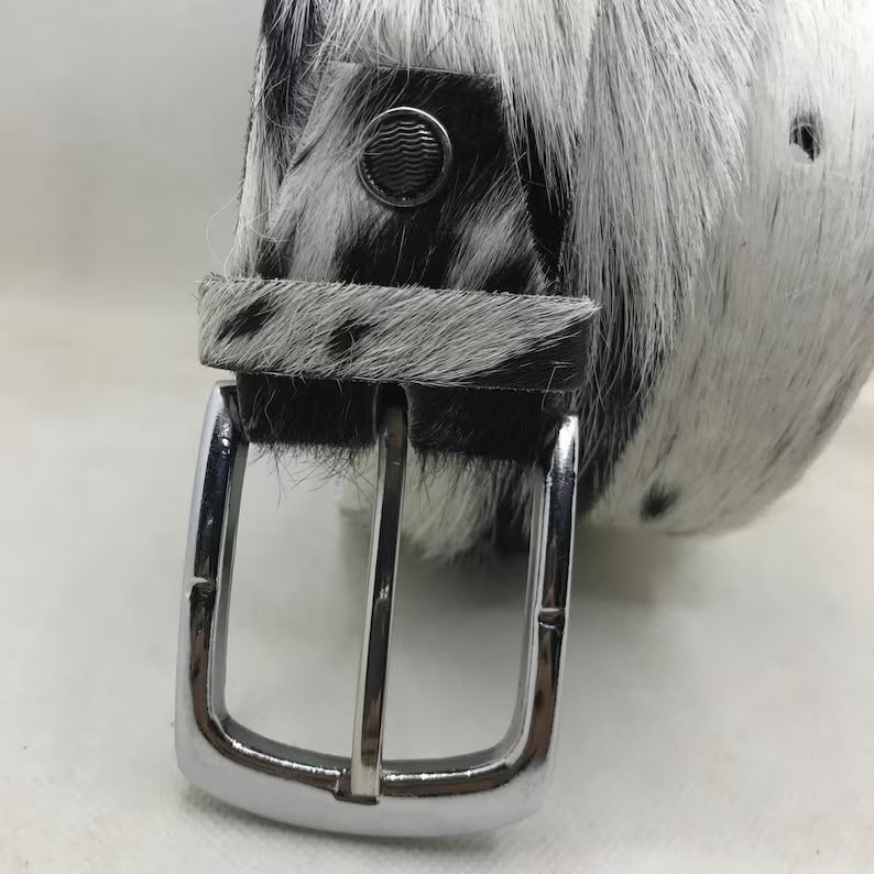 Cowhide Leather Belt White Black Speckled – Western Handmade with Silver Buckle