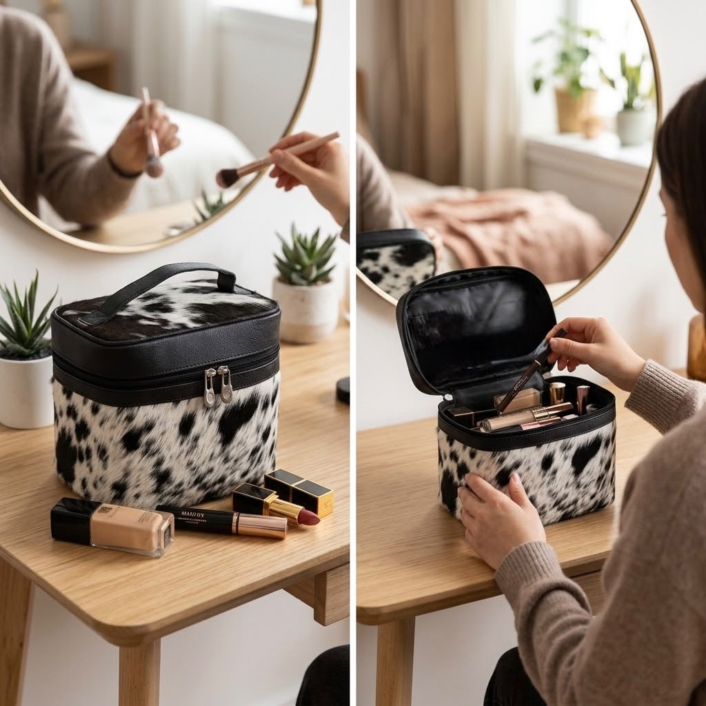 A split-screen lifestyle photo shows a makeup bag on a wooden vanity table. The left panel shows the bag closed with makeup items placed in front, and the right panel shows a person opening the bag to organize cosmetics.