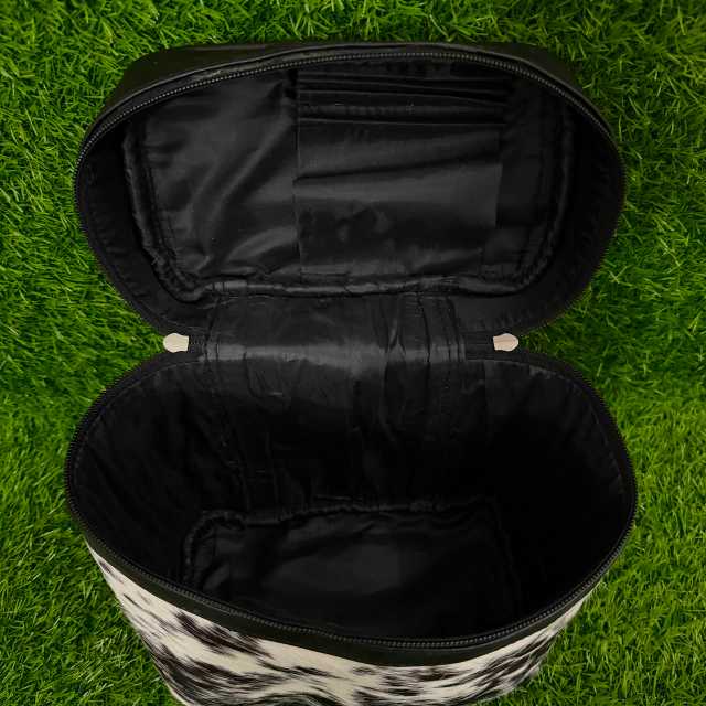 Genuine Cowhide Makeup Bag – Black White Speckled with Leather Trim