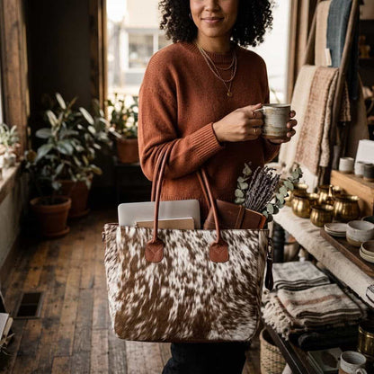 A woman in a rust-colored sweater holds a cow-print tote bag with brown leather handles in a cozy, rustic shop interior.