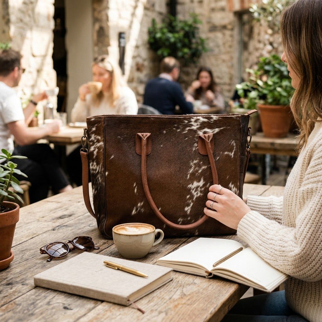 A woman at an outdoor cafe table holds a large brown cowhide tote bag with dark brown leather handles. The scene includes a cup of coffee, an open notebook, sunglasses, and other people seated in the softly blurred background.