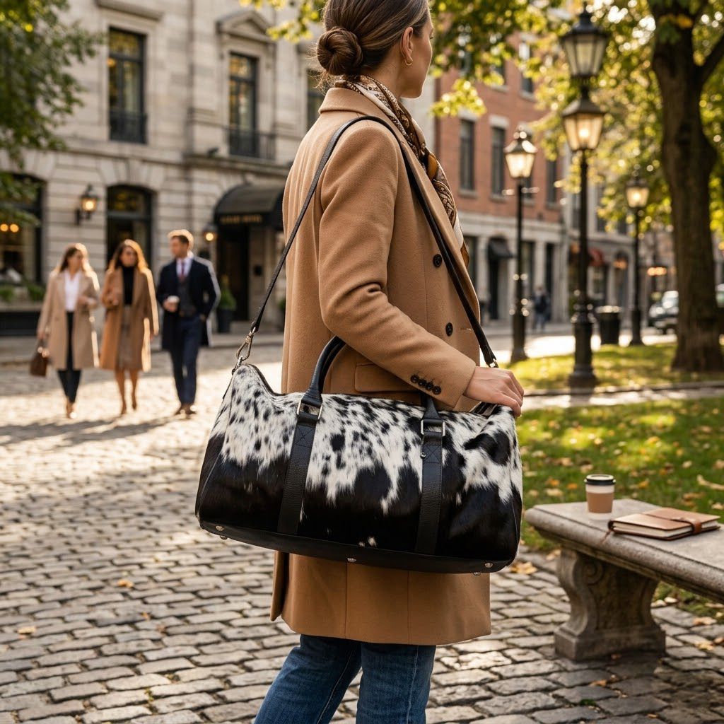 A woman in a tan coat carrying a large black and white cow-print duffel bag on a cobblestone street in an urban park setting.