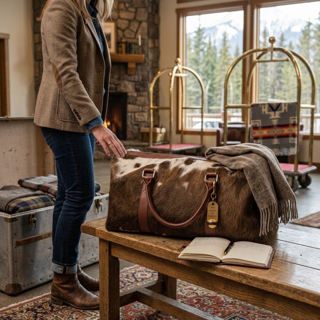A woman in a brown blazer and jeans stands beside a large brown and white cowhide duffel bag on a wooden table in a rustic lodge-style room. A tan throw blanket is draped over the bag, with an open book in front of it.