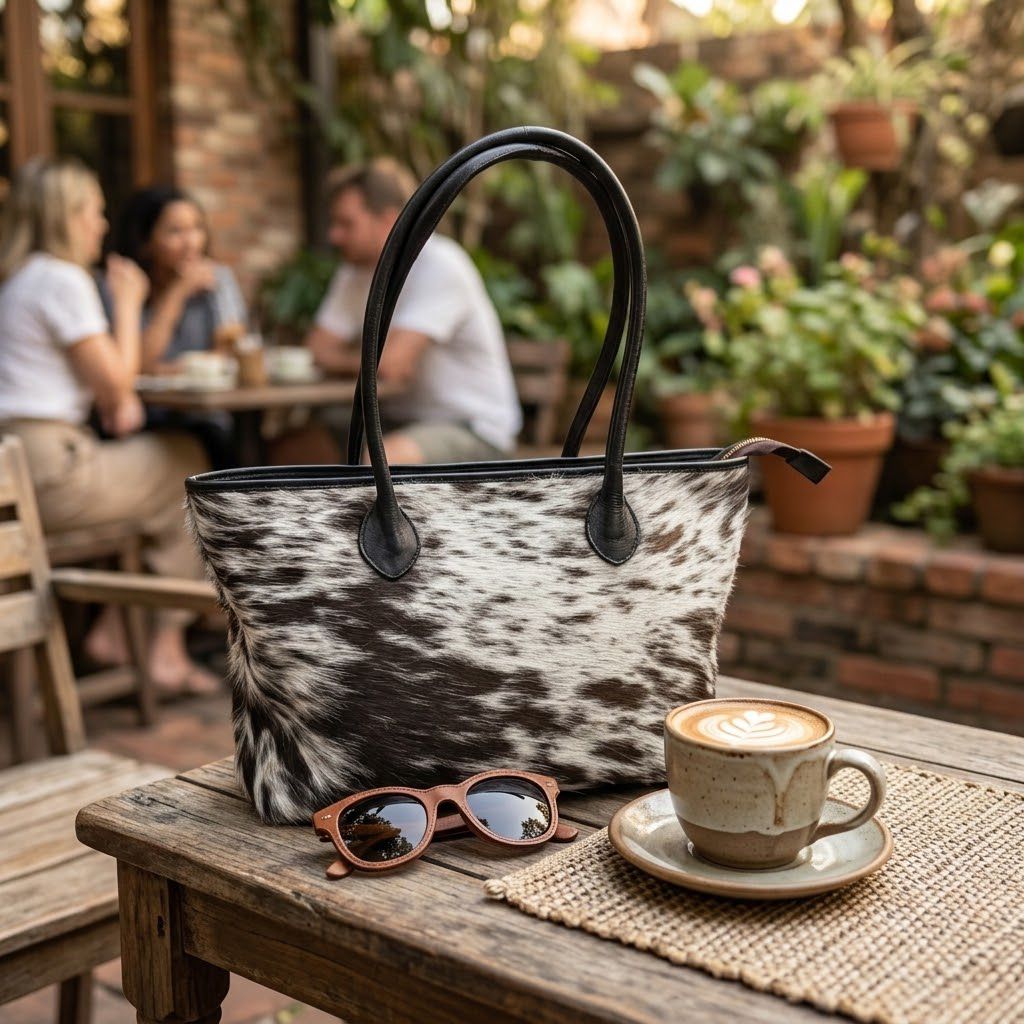 A cowhide-patterned tote bag with black handles sits on a rustic wooden table in a cafe setting, styled with a cup of coffee, a pair of sunglasses, and a woven placemat. Blurred people are visible in the background.