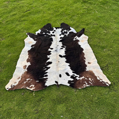 A natural cowhide rug with a black, brown, and white spotted pattern laid flat on a green grass lawn.