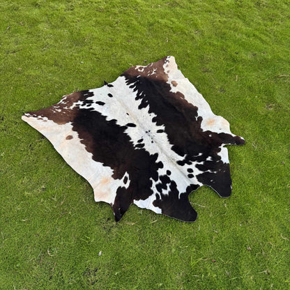 A natural cowhide rug with a black and white spotted pattern laid out on a green grass lawn.