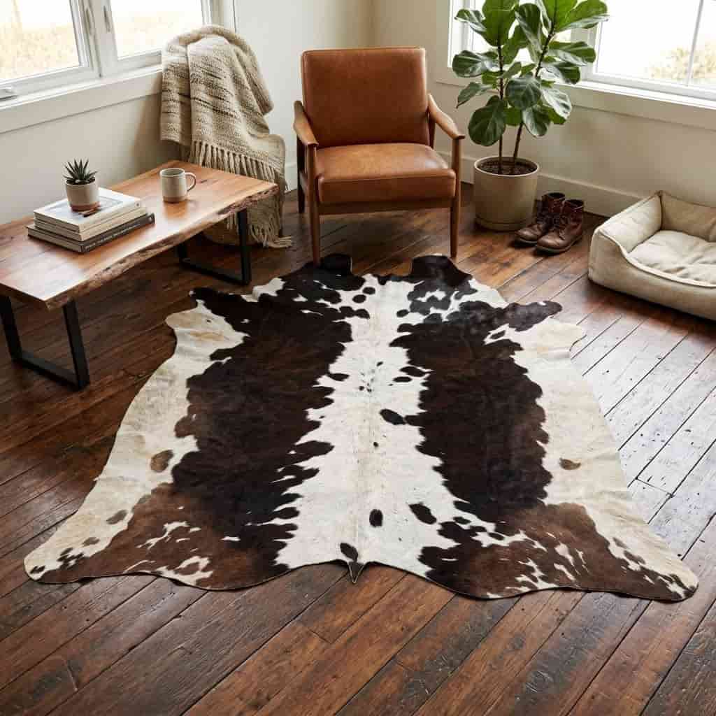 A large cowhide area rug with a natural black, brown, and cream pattern spread across a dark wood floor in a styled living room setting.