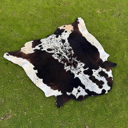A natural black and white cowhide rug laid flat on a green grass lawn.