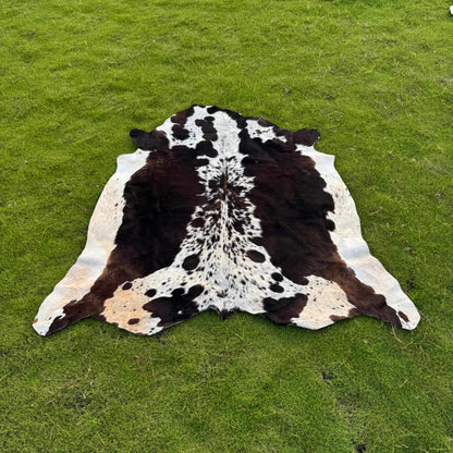 A natural black and white cowhide rug laid flat on a green grass lawn.