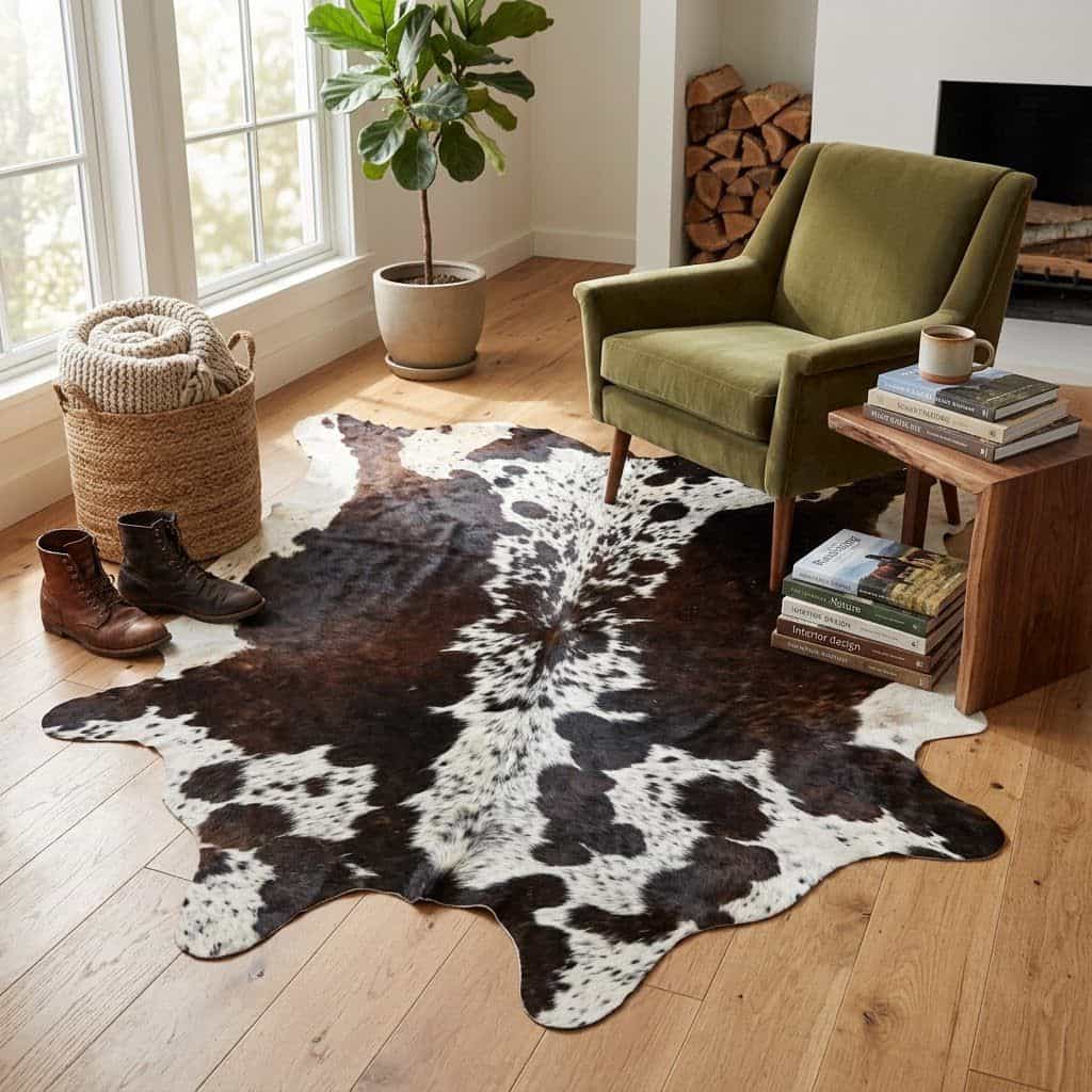 A cowhide area rug with a natural black and white spotted pattern is styled in a bright, modern living room next to an olive green armchair and a wooden side table.