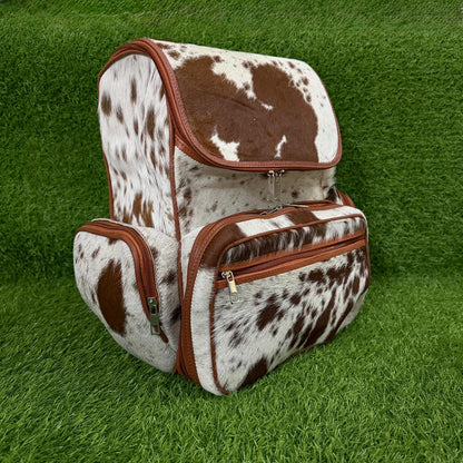 Cowhide leather backpack brown white speckled with tan trim