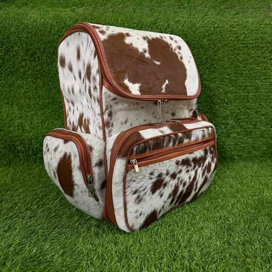 Cowhide leather backpack brown white speckled with tan trim