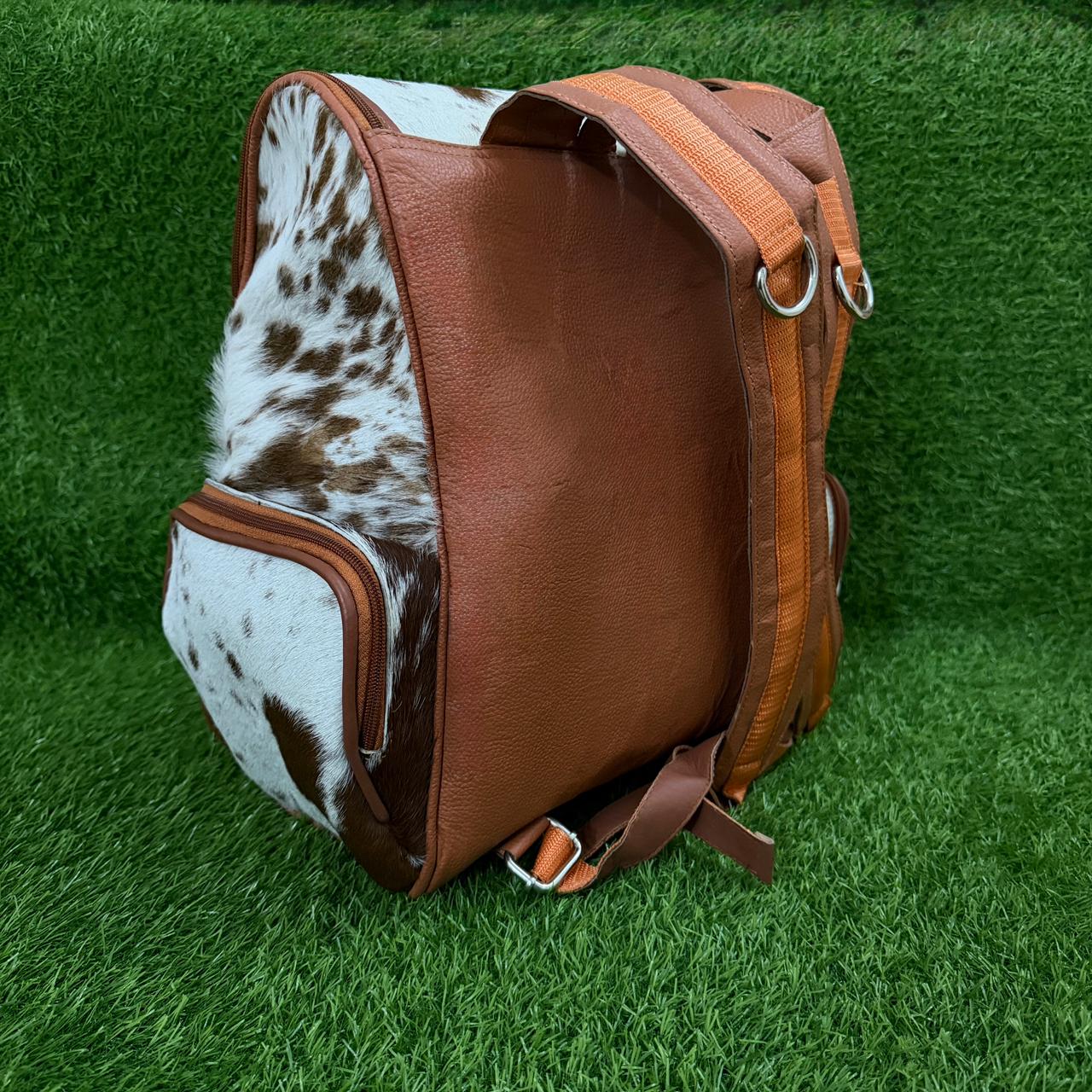 Cowhide leather backpack brown white speckled with tan trim