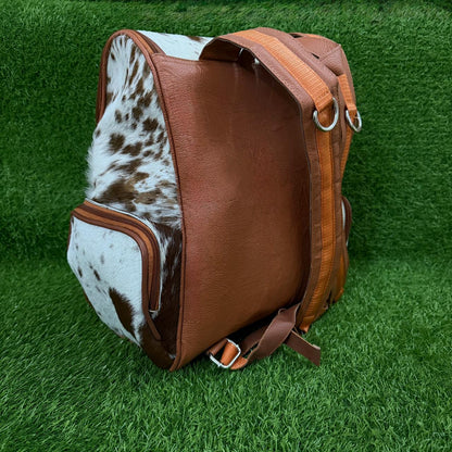 Cowhide leather backpack brown white speckled with tan trim
