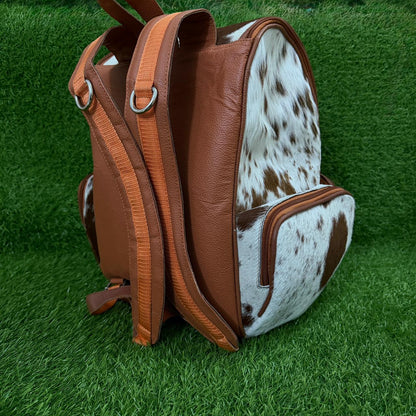 Cowhide leather backpack brown white speckled with tan trim