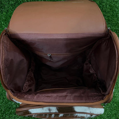 interior of Cowhide leather backpack brown white speckled with tan trim