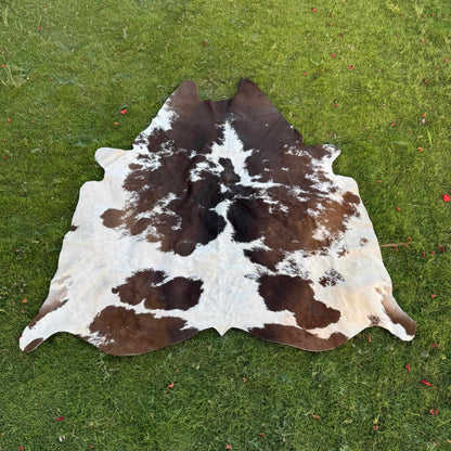 A natural cowhide rug with a brown and white spotted pattern laid flat on a green grass lawn.