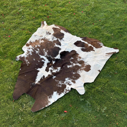 A natural cowhide rug with a brown and white spotted pattern laid flat on a green grass lawn.