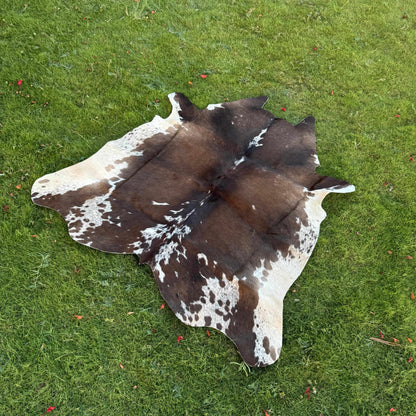 A natural cowhide rug with a brown, black, and white spotted pattern laid out on a green grass lawn.