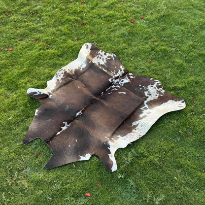 A natural cowhide rug with a dark brown and white spotted pattern, laid out on a green grass lawn.