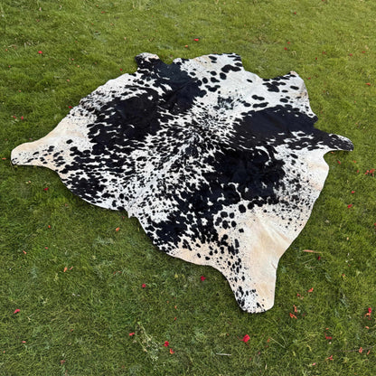 A natural black and white cowhide rug laid flat on a green grass lawn.